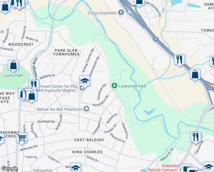 map of restaurants, bars, coffee shops, grocery stores, and more near 1304 Somerset Road in Raleigh