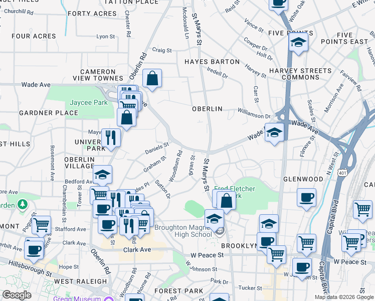map of restaurants, bars, coffee shops, grocery stores, and more near 717 Wade Avenue in Raleigh