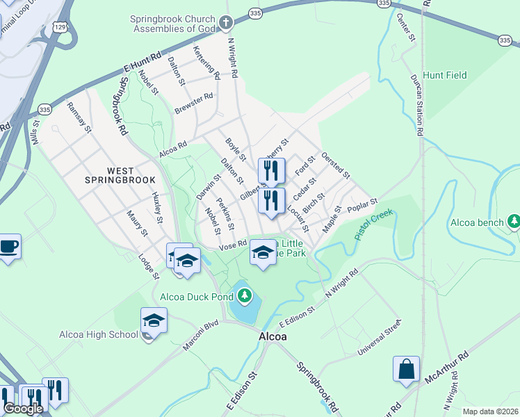 map of restaurants, bars, coffee shops, grocery stores, and more near 1352 Dalton Street in Alcoa