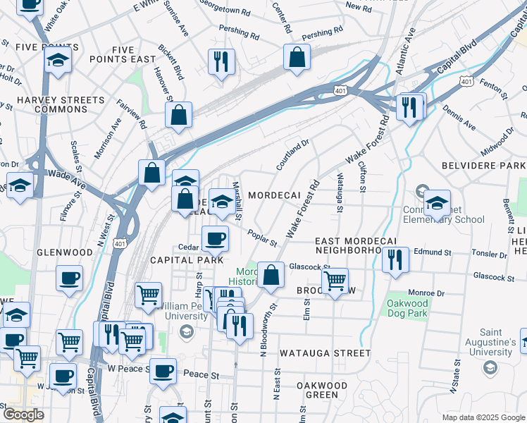 map of restaurants, bars, coffee shops, grocery stores, and more near 1214 Courtland Drive in Raleigh