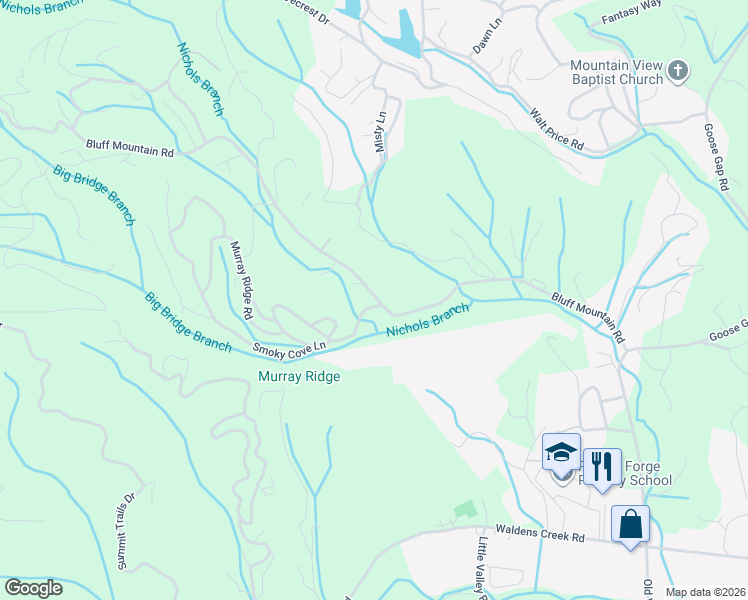 map of restaurants, bars, coffee shops, grocery stores, and more near 1802 Bluff Mountain Road in Sevierville