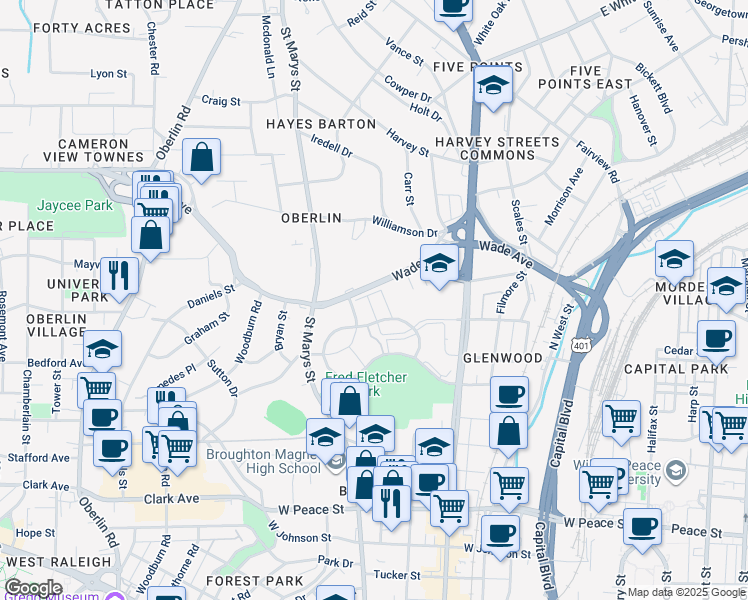 map of restaurants, bars, coffee shops, grocery stores, and more near 1022 Brighthurst Drive in Raleigh