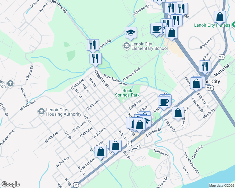 map of restaurants, bars, coffee shops, grocery stores, and more near 203 Rock Springs Annex in Lenoir City