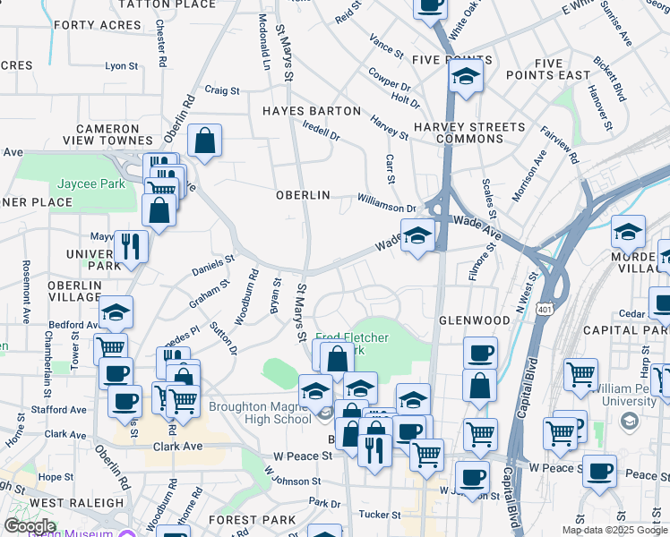 map of restaurants, bars, coffee shops, grocery stores, and more near 1011 Wirewood Drive in Raleigh