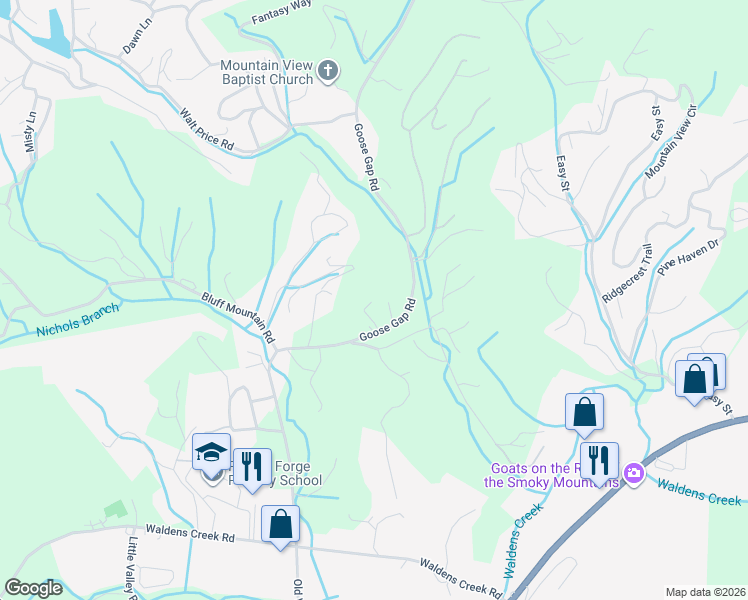 map of restaurants, bars, coffee shops, grocery stores, and more near 2560 Goose Gap Road in Sevierville