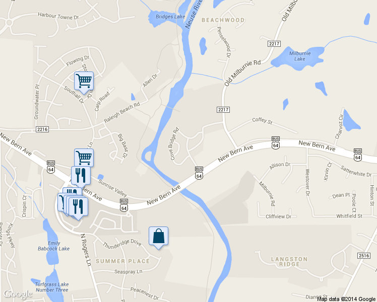map of restaurants, bars, coffee shops, grocery stores, and more near 104 Beach Pointe Avenue in Raleigh