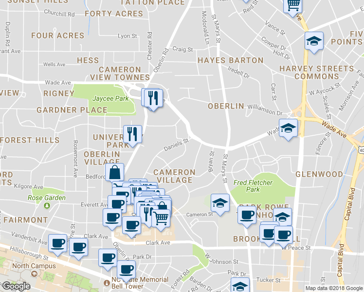 map of restaurants, bars, coffee shops, grocery stores, and more near 836 Daniels Street in Raleigh