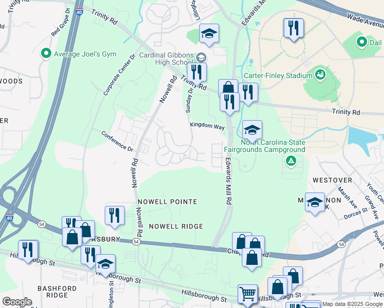 map of restaurants, bars, coffee shops, grocery stores, and more near 5100 Trinity Gate Lane in Raleigh