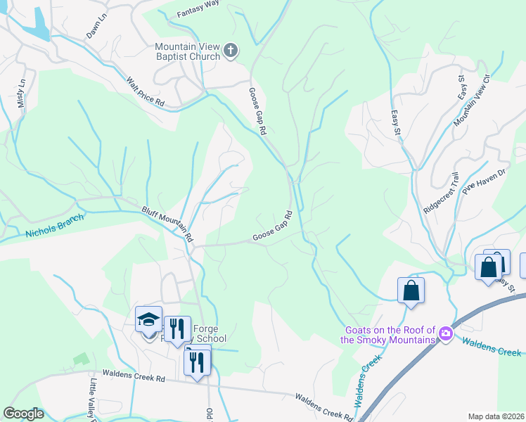 map of restaurants, bars, coffee shops, grocery stores, and more near 2560 Goose Gap Road in Sevierville