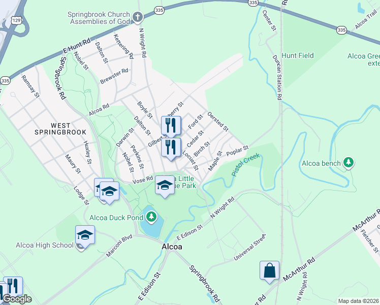 map of restaurants, bars, coffee shops, grocery stores, and more near 1342 North Wright Road in Alcoa