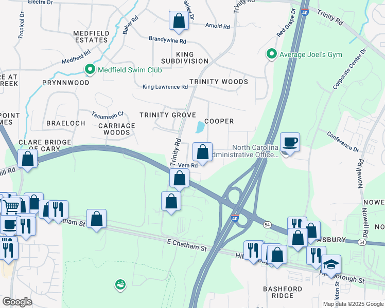 map of restaurants, bars, coffee shops, grocery stores, and more near 1208 Cooper Drive in Raleigh