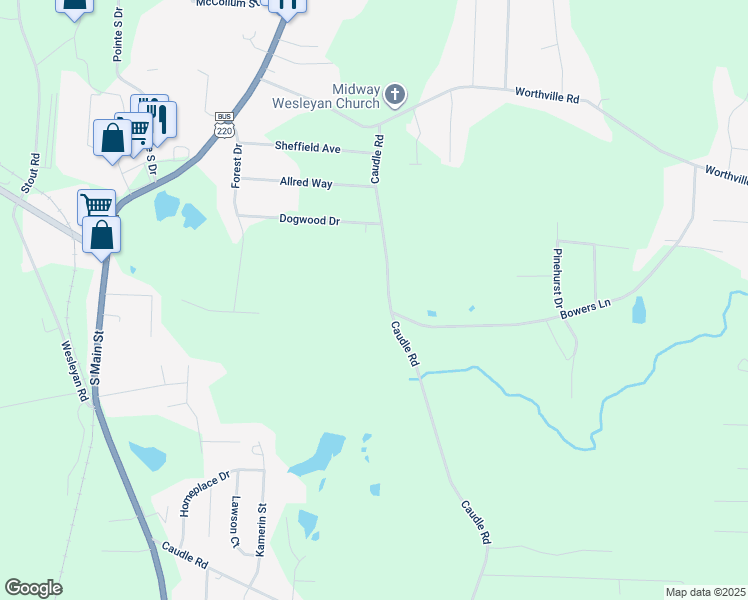 map of restaurants, bars, coffee shops, grocery stores, and more near 1003 Caudle Road in Randleman