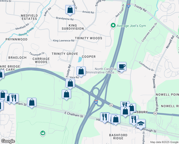 map of restaurants, bars, coffee shops, grocery stores, and more near 1204 Wingstem Place in Raleigh