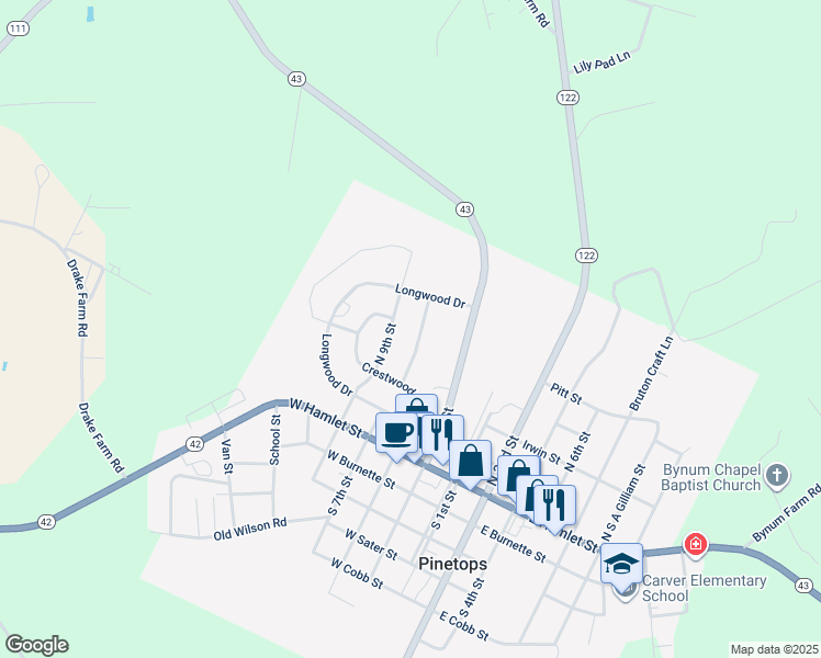 map of restaurants, bars, coffee shops, grocery stores, and more near 109 North Edgewood Drive in Pinetops