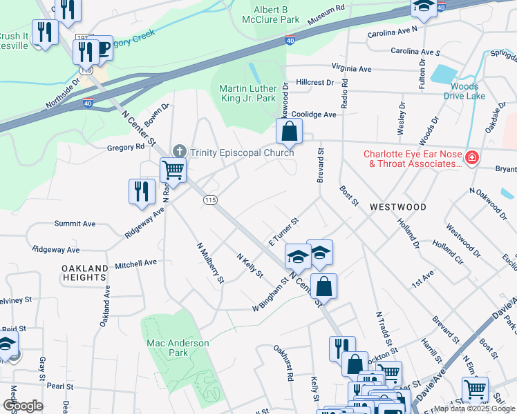map of restaurants, bars, coffee shops, grocery stores, and more near 138 May Drive in Statesville