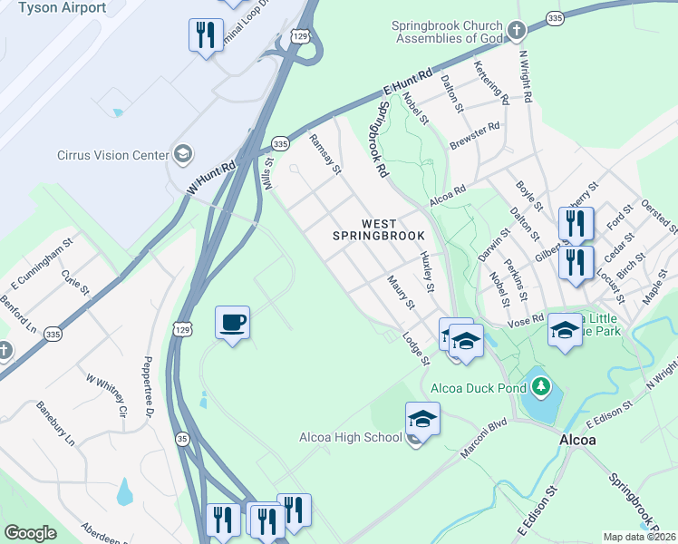 map of restaurants, bars, coffee shops, grocery stores, and more near 1626 Mills Street in Alcoa