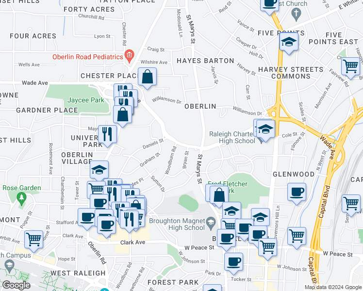 map of restaurants, bars, coffee shops, grocery stores, and more near 1017 St Marys St in Raleigh