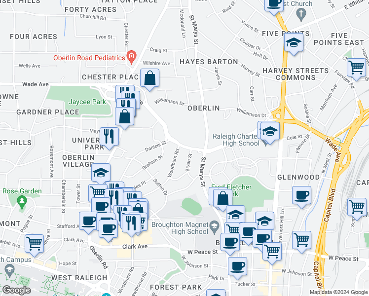 map of restaurants, bars, coffee shops, grocery stores, and more near 830 Bryan Street in Raleigh