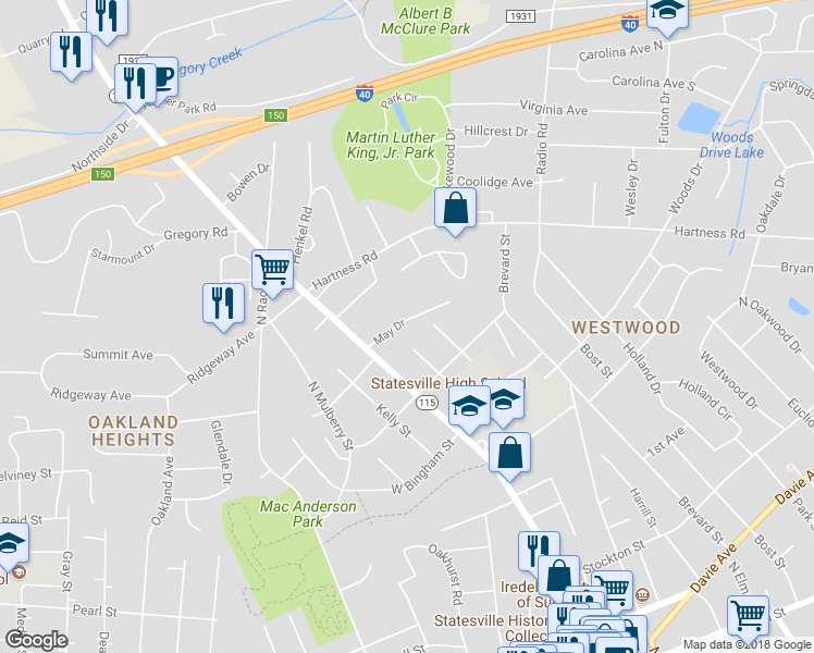 map of restaurants, bars, coffee shops, grocery stores, and more near 138 May Drive in Statesville