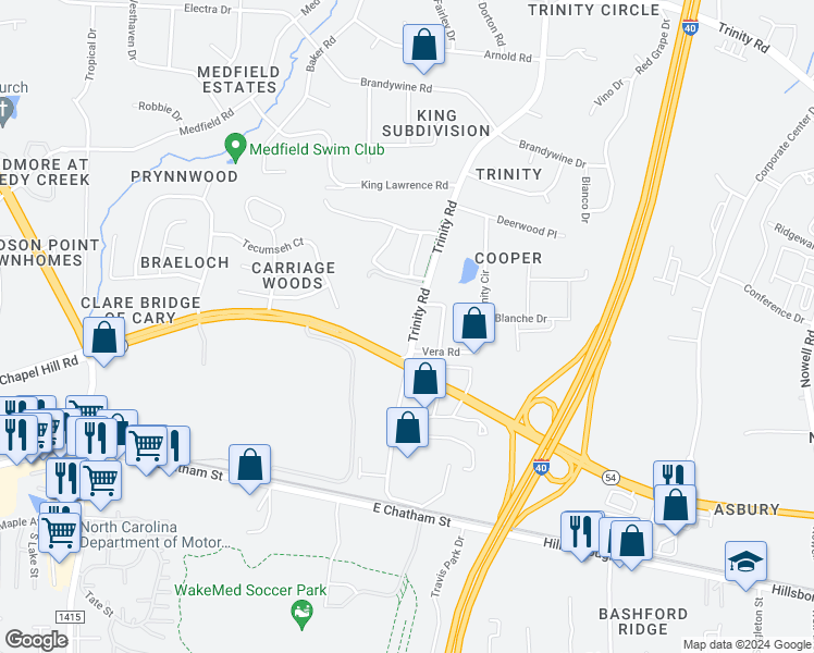 map of restaurants, bars, coffee shops, grocery stores, and more near 1209 Trinity Road in Raleigh