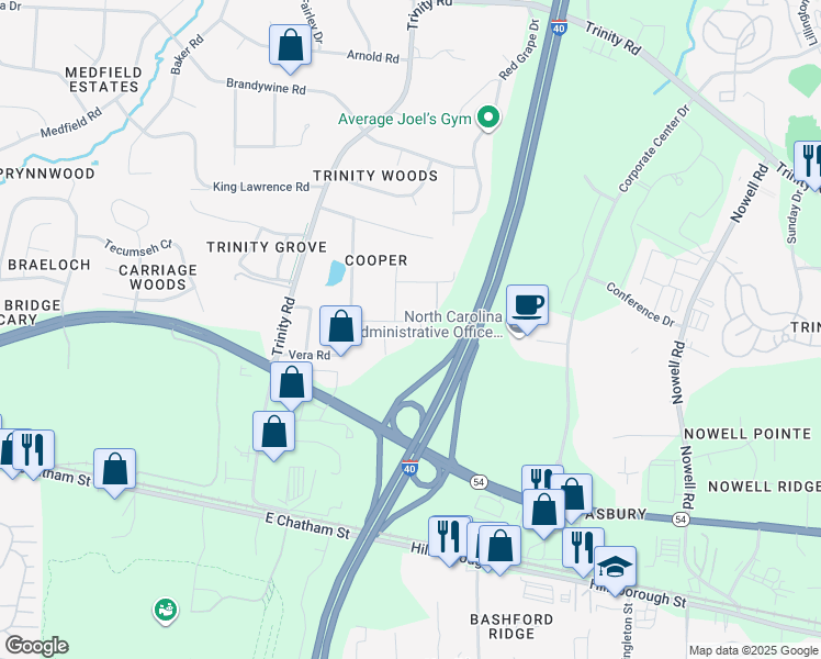 map of restaurants, bars, coffee shops, grocery stores, and more near 6326 Grace Lily Drive in Raleigh