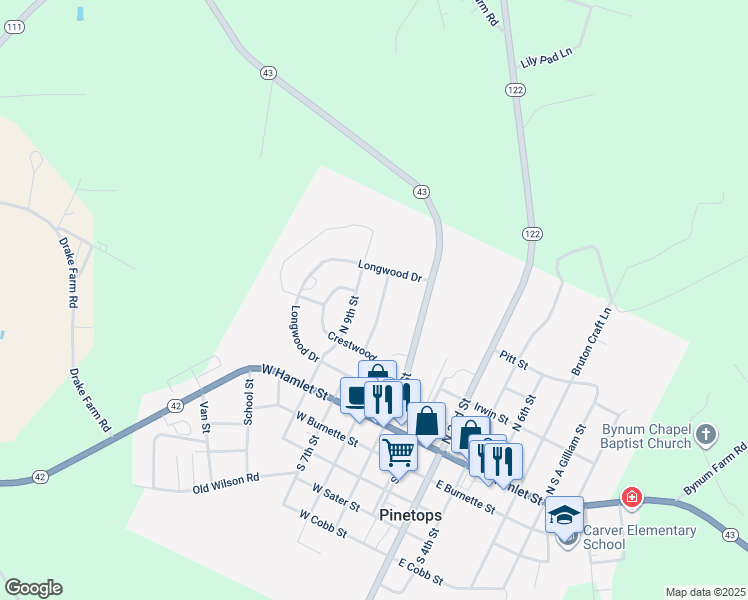 map of restaurants, bars, coffee shops, grocery stores, and more near 109 North Edgewood Drive in Pinetops