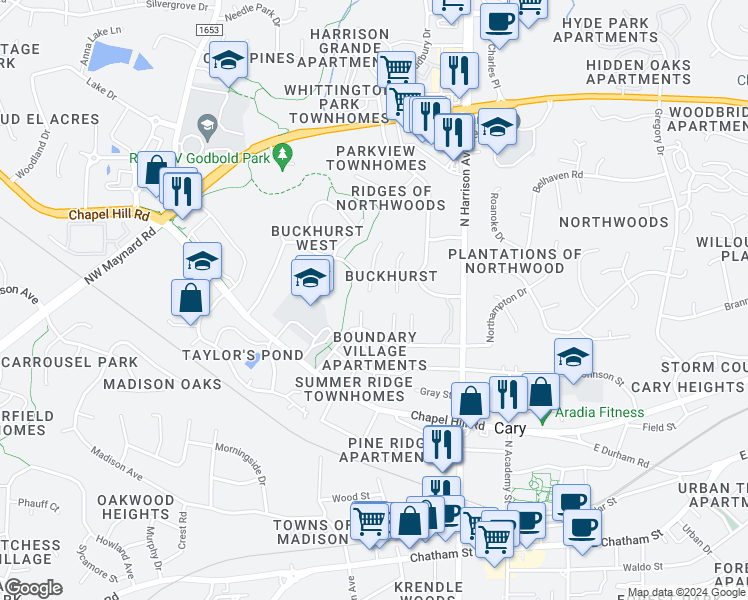 map of restaurants, bars, coffee shops, grocery stores, and more near 105 Anna Grey Circle in Cary