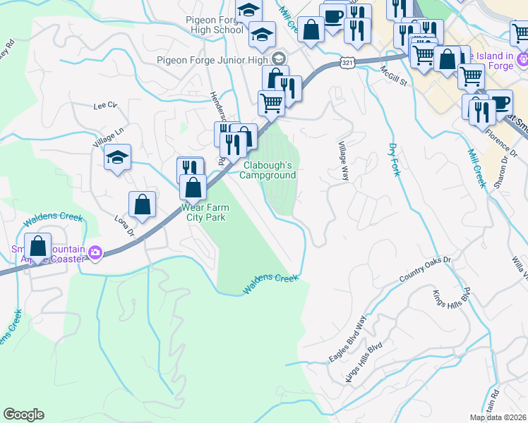 map of restaurants, bars, coffee shops, grocery stores, and more near 2649 High Valley Dr in Pigeon Forge