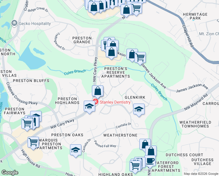 map of restaurants, bars, coffee shops, grocery stores, and more near 817 Berwick Valley Lane in Cary