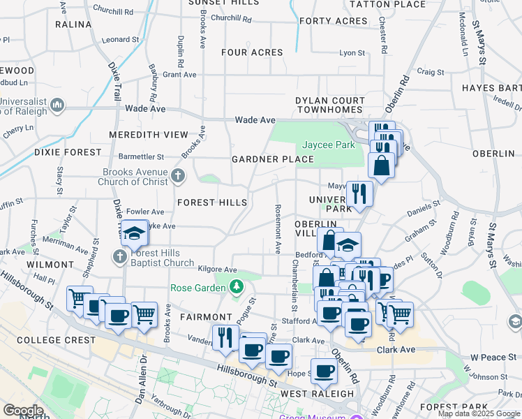 map of restaurants, bars, coffee shops, grocery stores, and more near 814 Fairall Drive in Raleigh