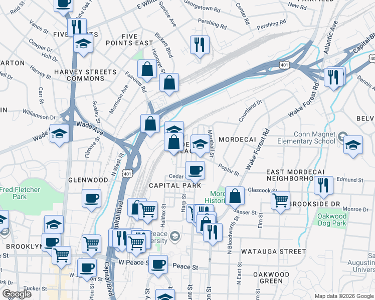 map of restaurants, bars, coffee shops, grocery stores, and more near 1172 Harp Street in Raleigh