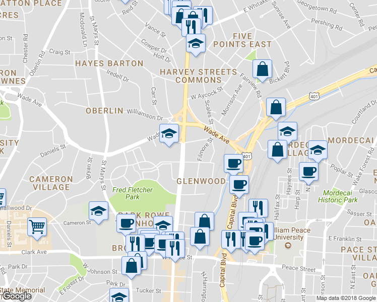 map of restaurants, bars, coffee shops, grocery stores, and more near in Raleigh