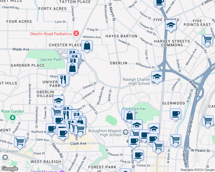 map of restaurants, bars, coffee shops, grocery stores, and more near 717 Wade Avenue in Raleigh