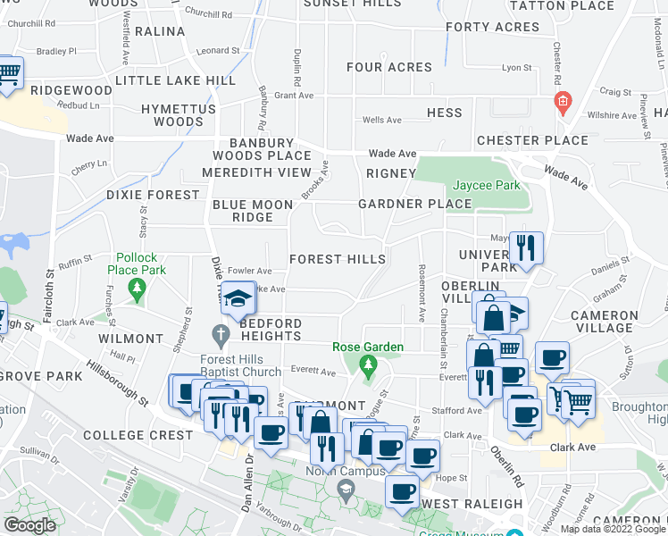 map of restaurants, bars, coffee shops, grocery stores, and more near 2725 Rosedale Avenue in Raleigh