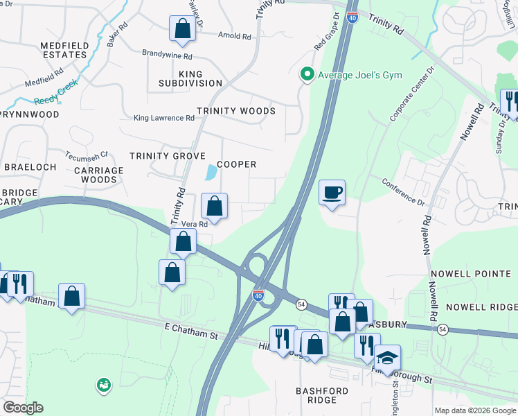 map of restaurants, bars, coffee shops, grocery stores, and more near 6326 Grace Lily Drive in Raleigh