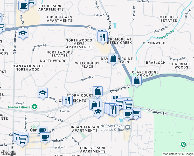 map of restaurants, bars, coffee shops, grocery stores, and more near 724 Branniff Drive in Cary