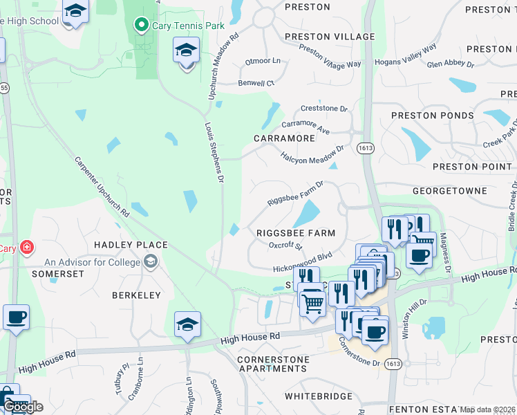 map of restaurants, bars, coffee shops, grocery stores, and more near 409 Riggsbee Farm Drive in Cary
