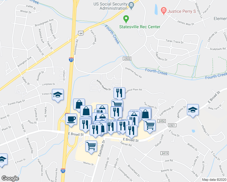 map of restaurants, bars, coffee shops, grocery stores, and more near 202 Austin Healey Drive in Statesville