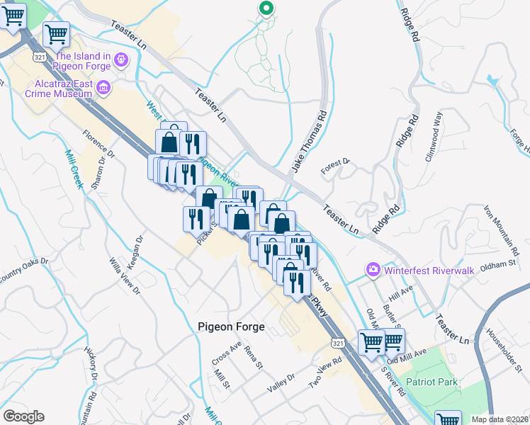 map of restaurants, bars, coffee shops, grocery stores, and more near 3127 Parkway in Sevierville