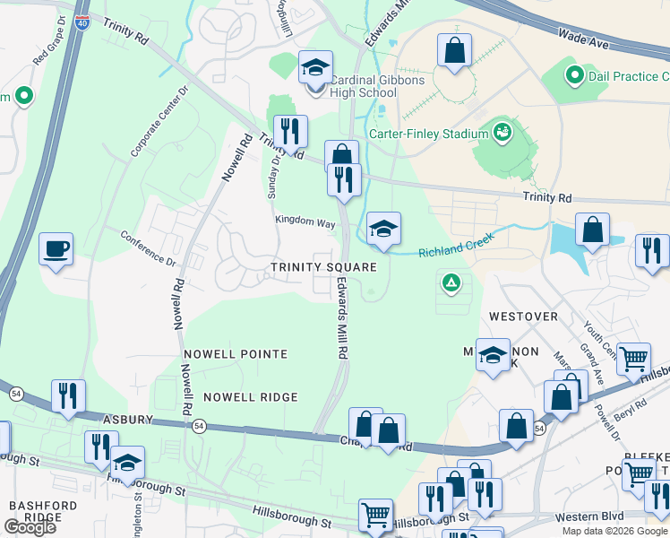 map of restaurants, bars, coffee shops, grocery stores, and more near 1108 Garnet Ridge Way in Raleigh