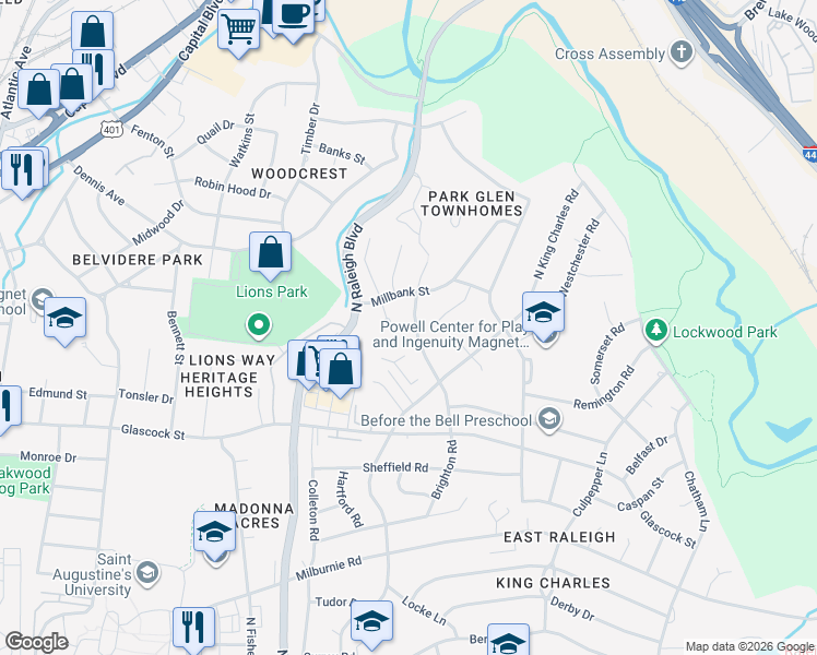 map of restaurants, bars, coffee shops, grocery stores, and more near 1137 Brighton Road in Raleigh
