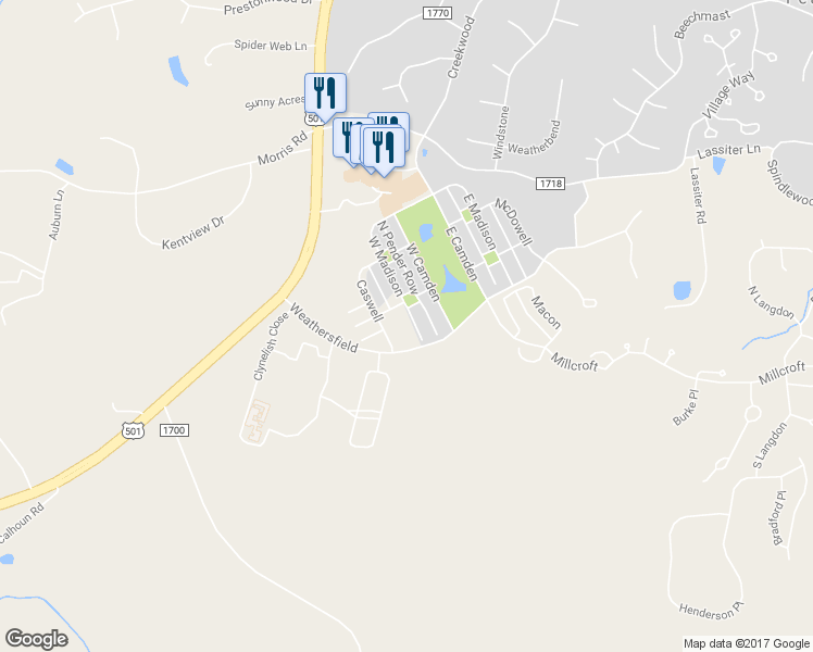 map of restaurants, bars, coffee shops, grocery stores, and more near 29 West Madison in Pittsboro