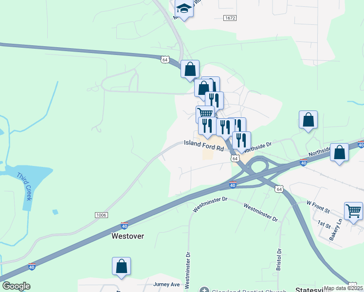 map of restaurants, bars, coffee shops, grocery stores, and more near 233 Island Ford Road in Statesville
