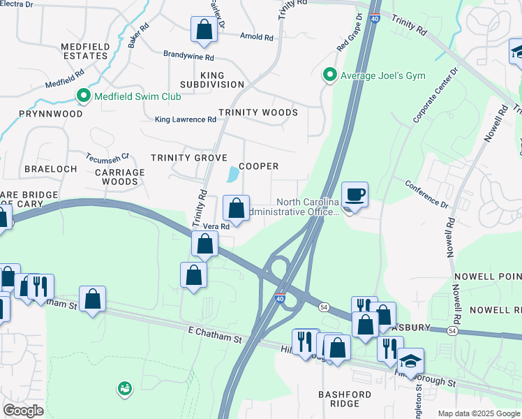 map of restaurants, bars, coffee shops, grocery stores, and more near 1204 Wingstem Place in Raleigh