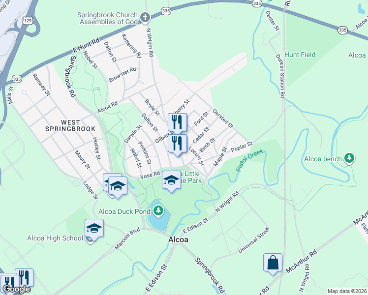 map of restaurants, bars, coffee shops, grocery stores, and more near 1342 North Wright Road in Alcoa