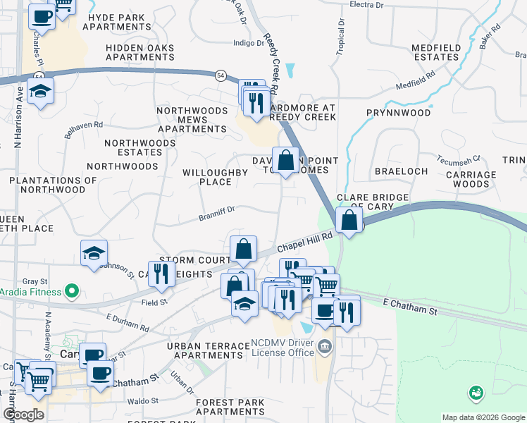 map of restaurants, bars, coffee shops, grocery stores, and more near 742 Branniff Drive in Cary