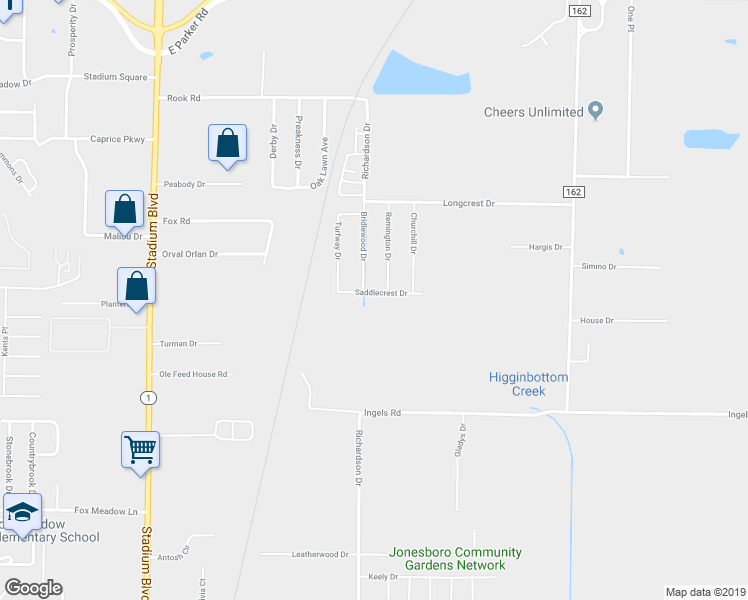 map of restaurants, bars, coffee shops, grocery stores, and more near 3867 Saddlecrest Drive in Jonesboro