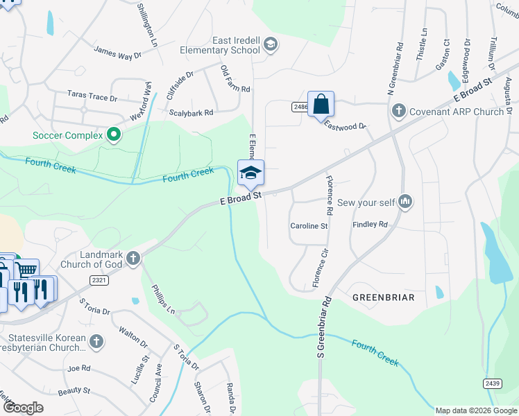 map of restaurants, bars, coffee shops, grocery stores, and more near 104 Springfield Road in Statesville