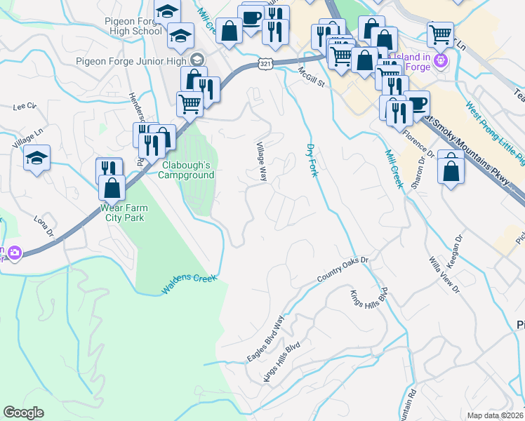 map of restaurants, bars, coffee shops, grocery stores, and more near 2829 Sequoia Road in Pigeon Forge