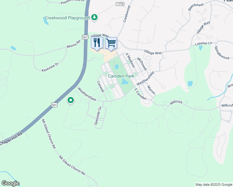 map of restaurants, bars, coffee shops, grocery stores, and more near 29 West Madison in Pittsboro